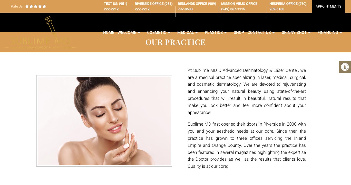 The Our Practice page of sublimemd.com: the Sublime MD mark in gold, a phone number for each office across the top bar, and a paragraph telling how the practice opened its doors in Riverside and grew to three offices serving the Inland Empire and Orange County. Source: sublimemd.com/our-practice, captured September 25, 2026.